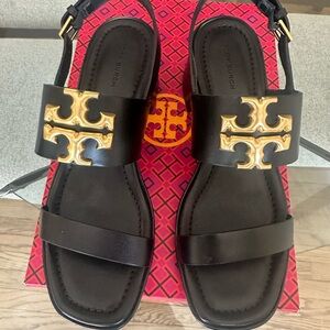Tory Burch Black and Gold Double Strap Sandals